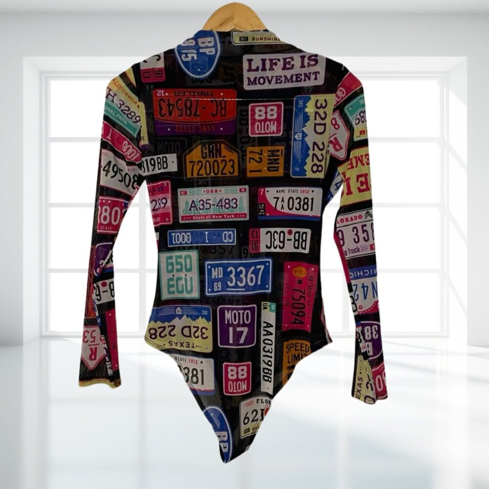 DAY G Retro Y2K License Plate Print Sheer Zipper Bodysuit Leotard - Rare Pop Art - Picture 6 of 12